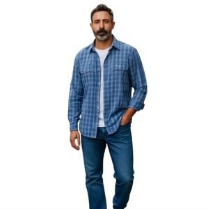 Perry Ellis Blue Plaid Button Down Roll Tab Long Sleeves Casual Shirt Size XXL